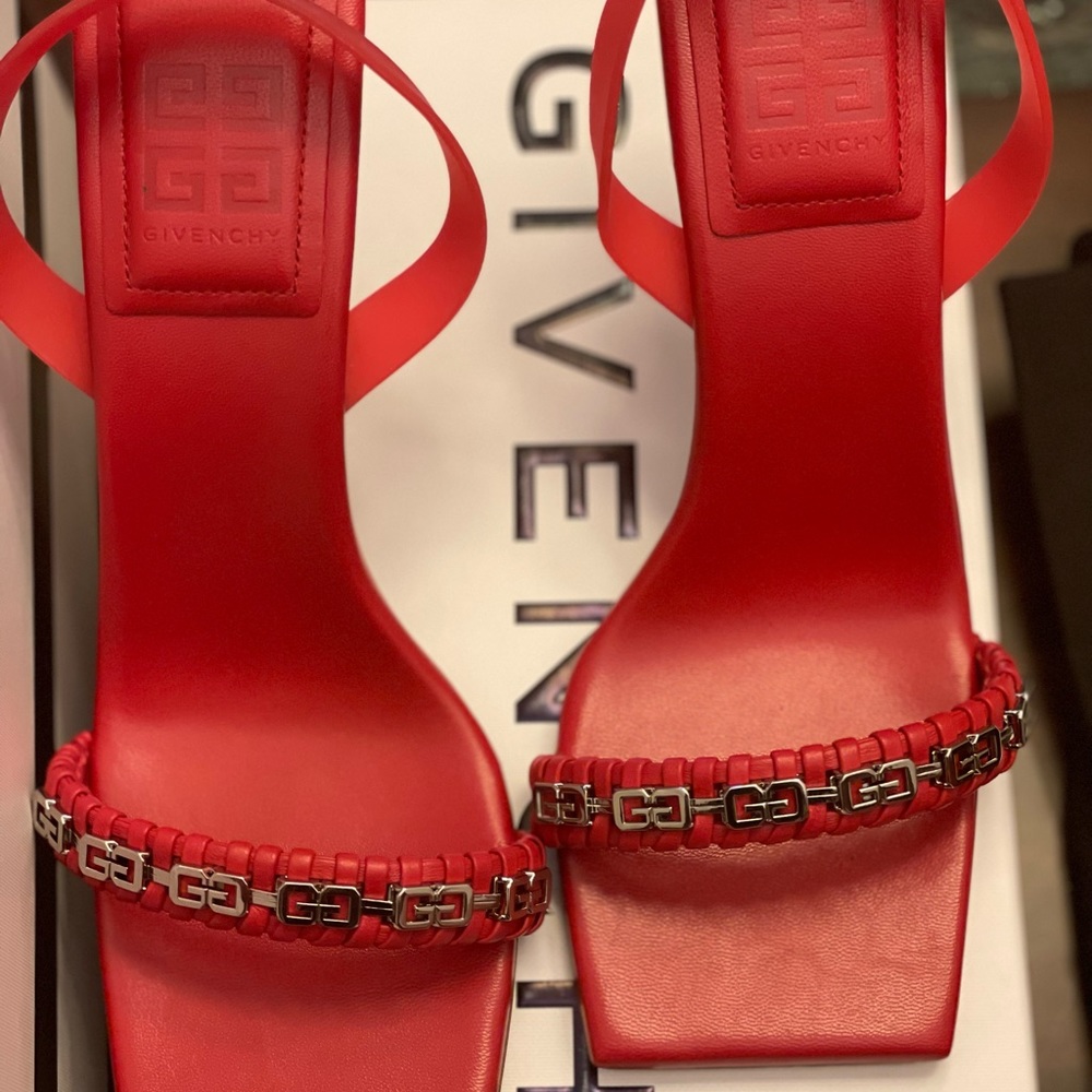 Givenchy 38.5 Red, strap sandal heels, WORN ONCE, great near new condition!